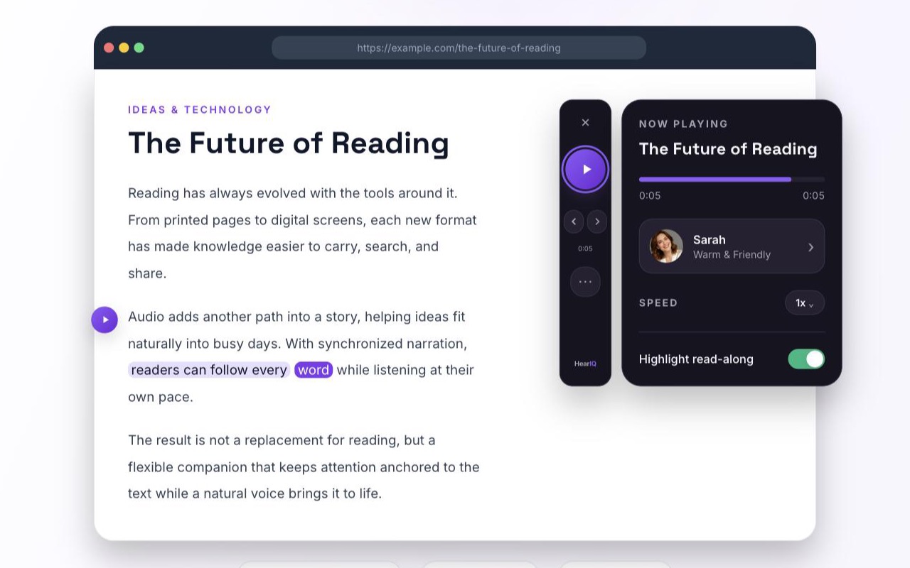 HearIQ player floating over a news article, reading it aloud with the current sentence highlighted